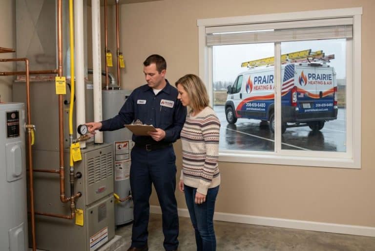 HVAC Tech Discussing Natural Gas Line Install with homeowner in Northern Idaho