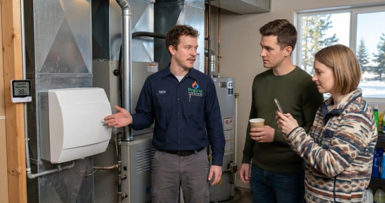Hvac Tech Explaing Whole Home Humidifier To Inland Northwest Homeowner