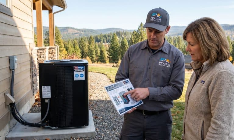 HVAC Tech Explaining Crossover Heat Pump System To Homeowner In Spokane Wa
