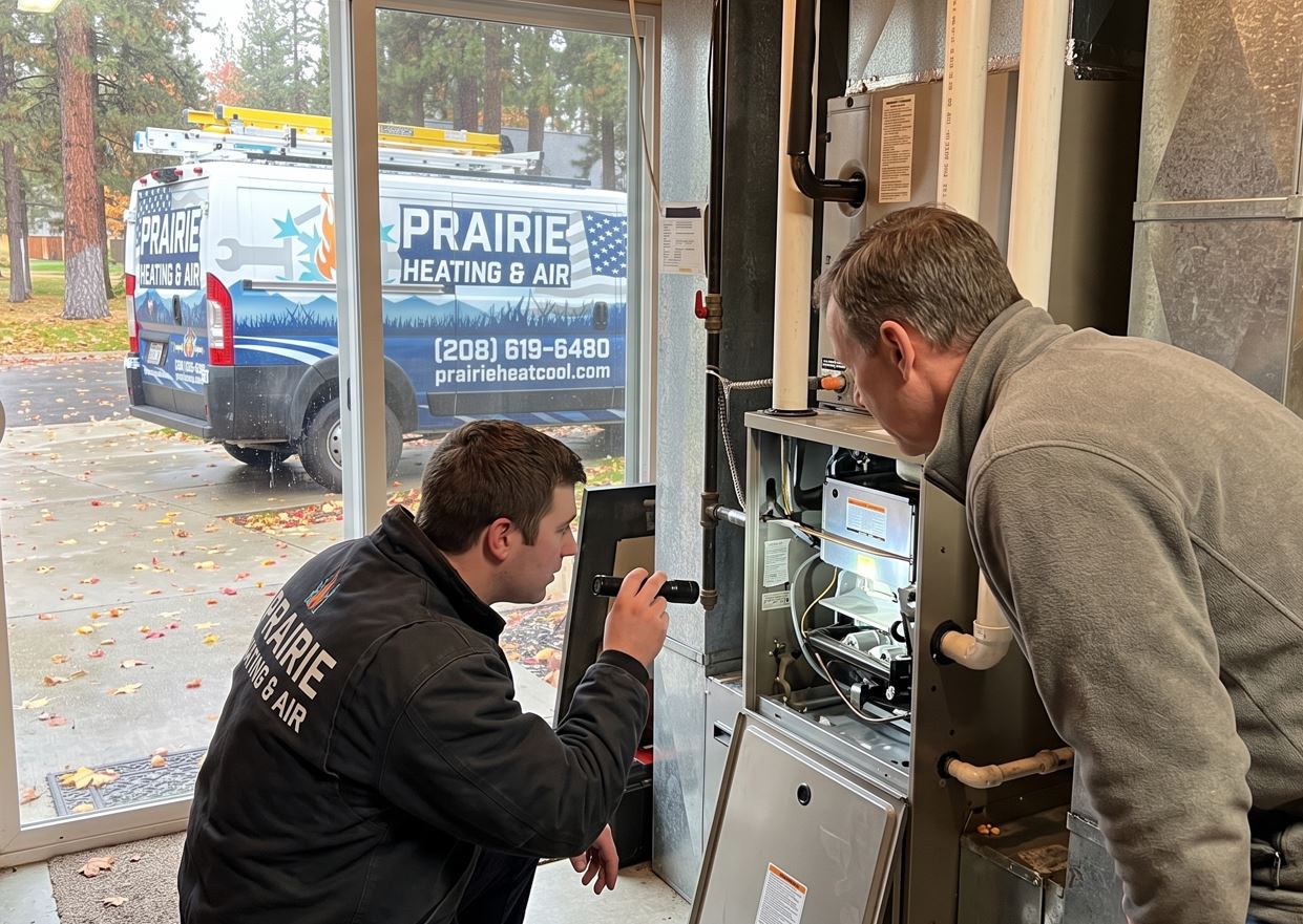 HVAC Tech with North Idaho Homeowner Figuring Out Furnance Burning Smell