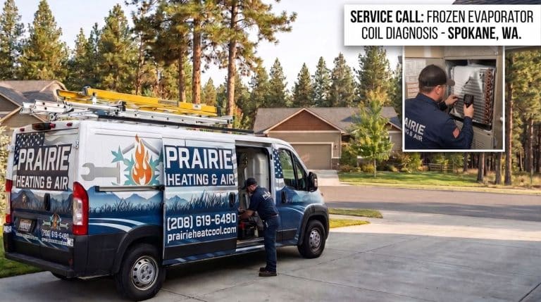 Prairie Heating Air Tech Checking Frozen Evaporator Coils near Spokane WA