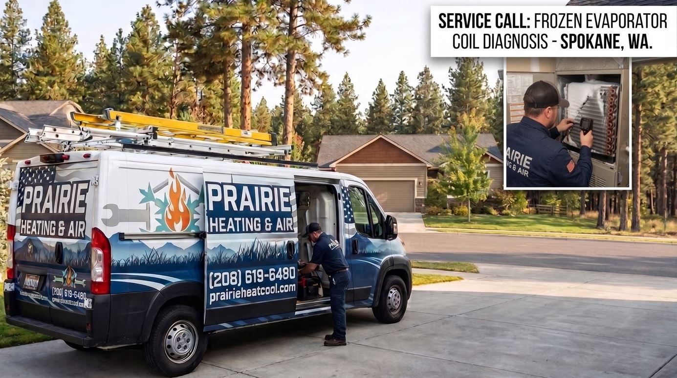 Prairie Heating Air Tech Checking Frozen Evaporator Coils near Spokane WA
