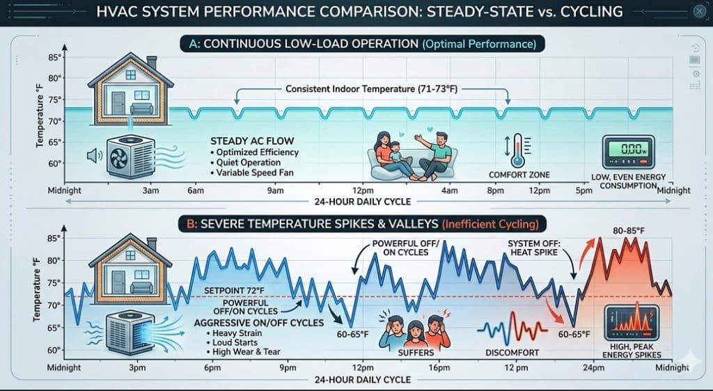 Comparing Continuous Low Load Hvac Operation Vs Severe Temperature Spikes And Valleys